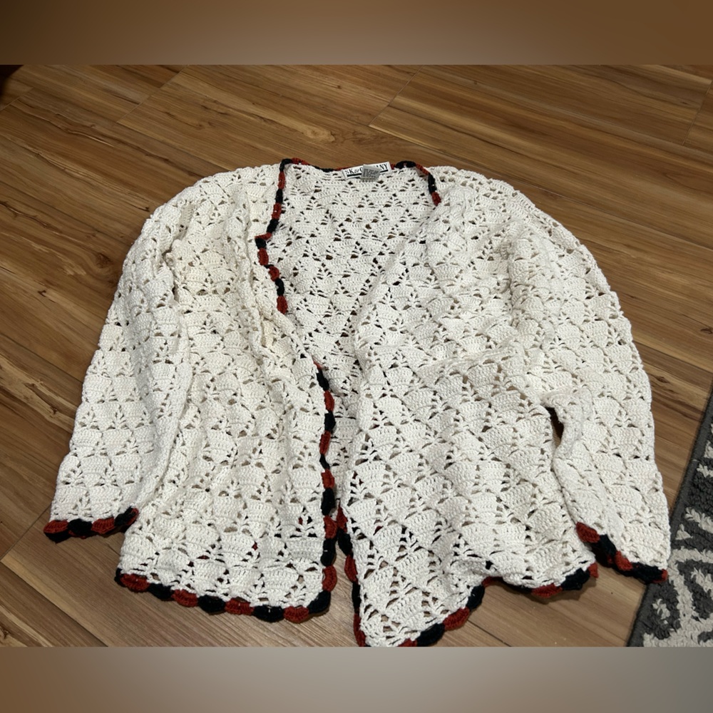Vintage White Crochet Cardigan with Red and Black Trim Oversized Medium